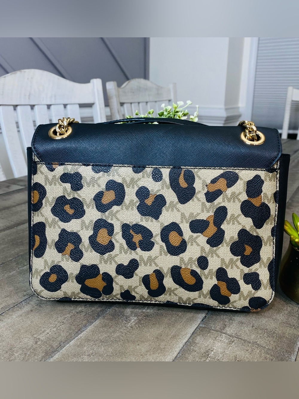 Michael Kors Brandi Medium Saffiano Leather Shoulder Bag Leopard Print MK Logo - Picture 4 of 11